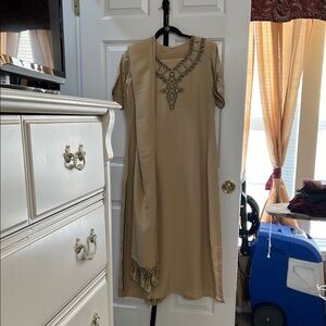 Chic Tan Embellished Long Sleeve Dress
